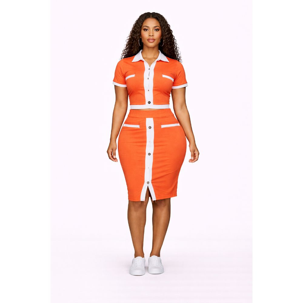 Orange Two Piece Bodycon Set with Contrast Panel & Button Detail